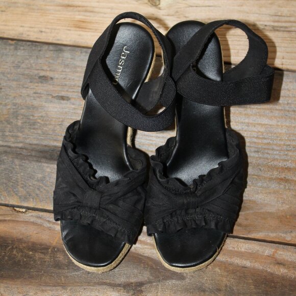 Jasmin Bueno Black Sandals Jute Wedge Criss-Cross Front Canvas Size 7 Pre-Loved - Picture 2 of 9